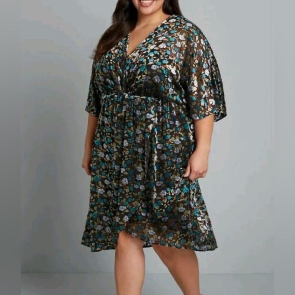 ModCloth Black Blue Burnout Velvet Faux Wrap Kaftan Midi Dress Size XL - Picture 3 of 10